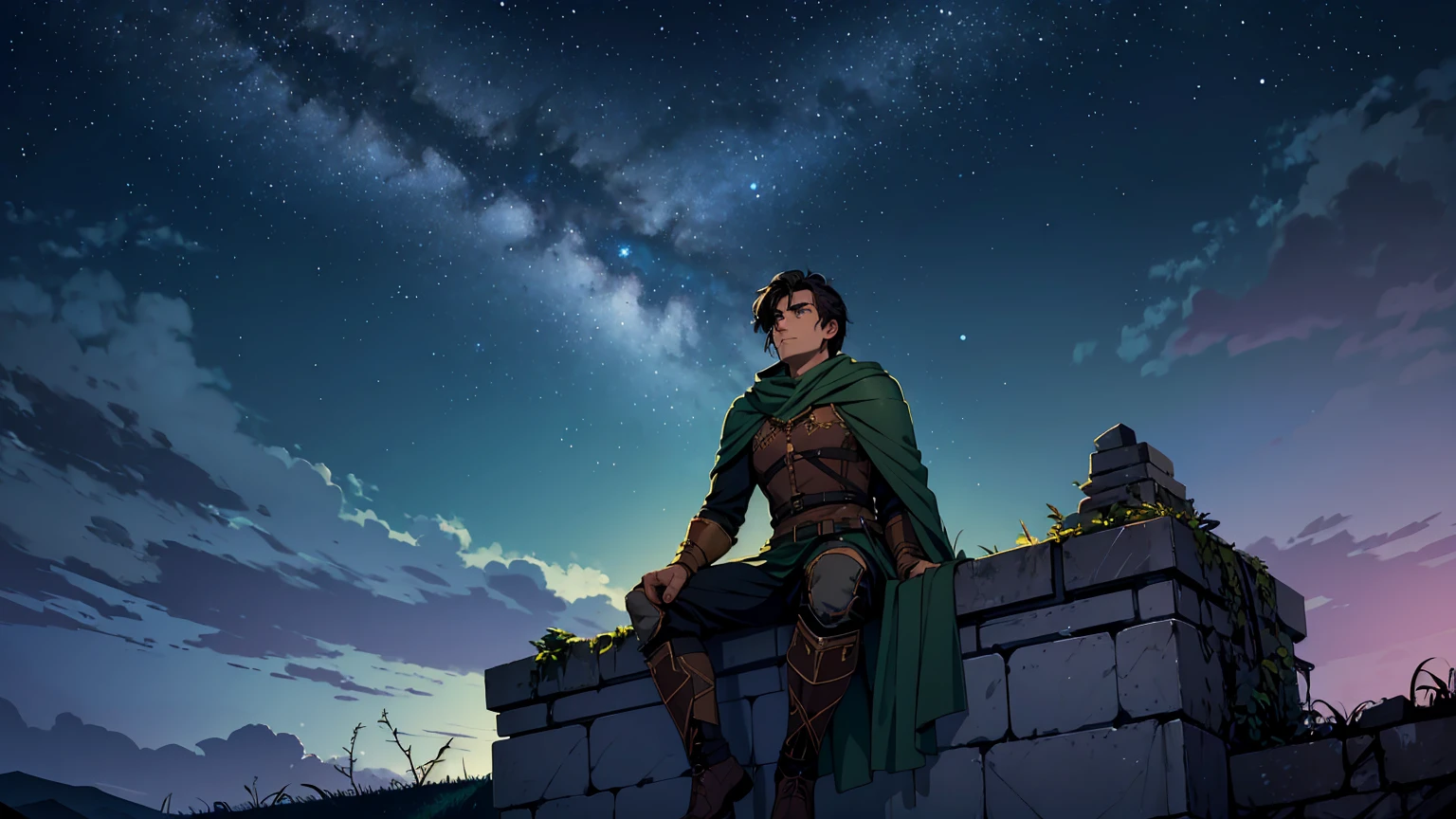 A rugged male adventurer with short dark hair, relaxing on the edge of an ancient castle's balcony under a starry night sky. He is wearing worn leather armor with a dark green cloak draped over his shoulders. He leans back against the stone wall with a relaxed and content expression, one leg stretched out and the other bent, gazing up at the expansive night sky filled with countless stars and a bright, glowing moon. The castle is partially in ruins, with ivy creeping up the stone walls, adding to the sense of ancient mystery. The atmosphere is calm and peaceful, with a gentle breeze rustling the leaves and the soft sounds of night creating a serene and contemplative mood.