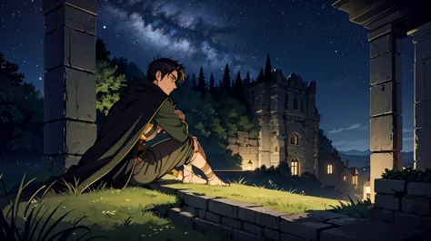 a rugged male adventurer with short dark hair, relaxing on the edge of an ancient castle's balcony under a starry night sky. he ...