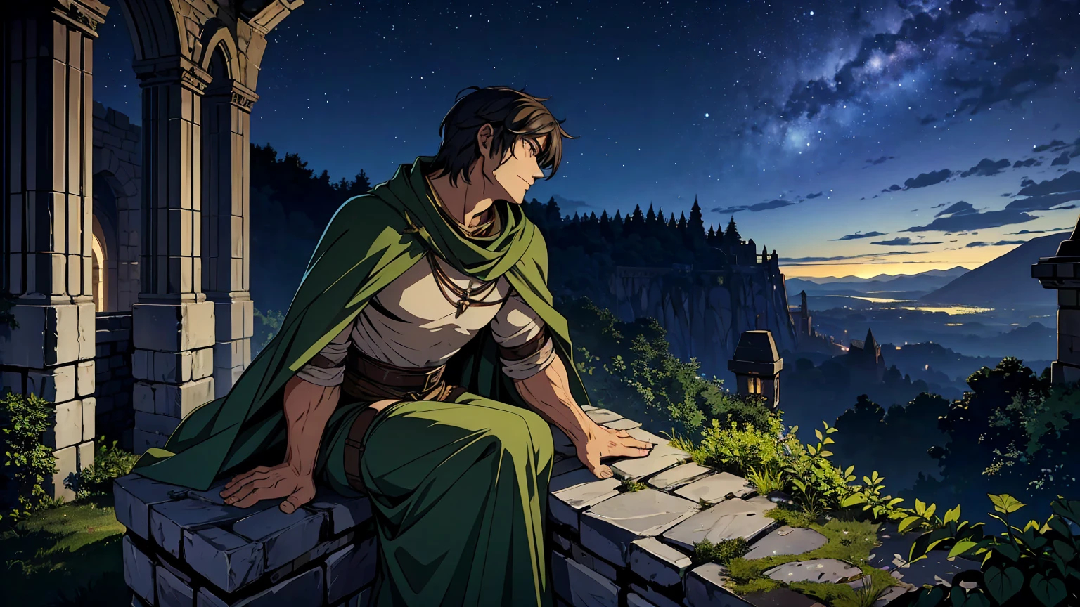 A rugged male adventurer with short dark hair, relaxing on the edge of an ancient castle's balcony under a starry night sky. He is wearing worn leather armor with a dark green cloak draped over his shoulders. He leans back against the stone wall with a relaxed and content expression, one leg stretched out and the other bent, gazing up at the expansive night sky filled with countless stars and a bright, glowing moon. The castle is partially in ruins, with ivy creeping up the stone walls, adding to the sense of ancient mystery. The atmosphere is calm and peaceful, with a gentle breeze rustling the leaves and the soft sounds of night creating a serene and contemplative mood.