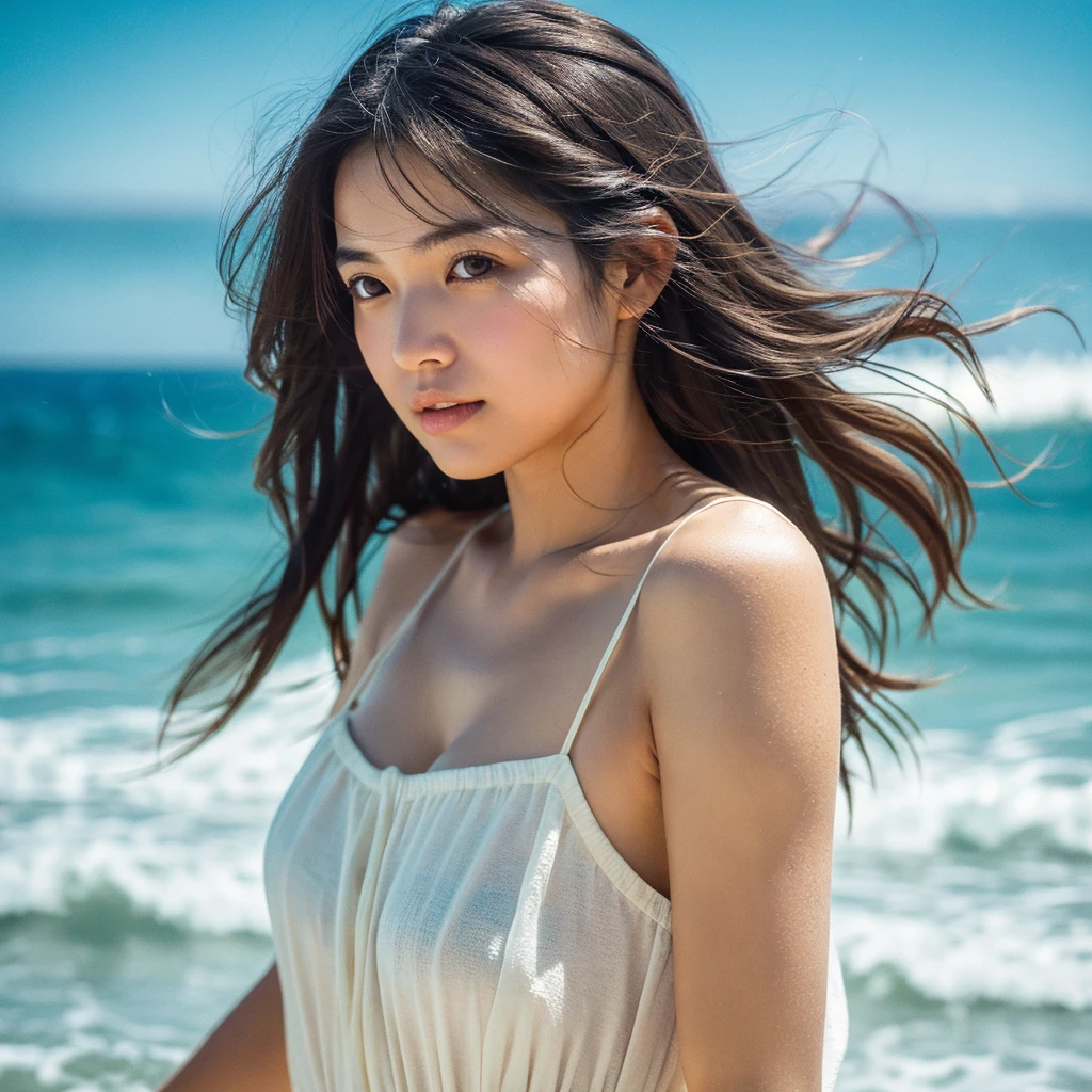 A hyper-realistic image of a single Japanese woman in her early 20s, captured with the nostalgic warmth and subtle graininess of a film camera, with the focus on her upper body from the shoulders up against a serene seaside backdrop. Her skin has a warm beige tone with a natural, slightly rough texture that includes visible pores, fine lines, and subtle imperfections such as small blemishes, adding to the authenticity of her appearance. The soft, diffused natural light reflects off the ocean waves, casting gentle, warm shadows across her face and shoulders, enhancing the film-like quality and creating a timeless, organic feel. Her straight, glossy black hair is slightly tousled by the ocean breeze, naturally framing her face, and her deep brown eyes reflect the soft light of the seaside, adding depth and emotion. The background subtly captures the peaceful ocean scenery with a glimpse of rolling waves and a faint horizon, blurred to maintain focus on her expression. The film camera effect introduces a slight grain and a softer focus, giving the image a warm, nostalgic atmosphere while maintaining the realistic texture of her skin. She is wearing a light, airy top that complements her natural beauty and the beach setting, with the overall composition designed to evoke a sense of genuine, understated elegance and connection with nature.
