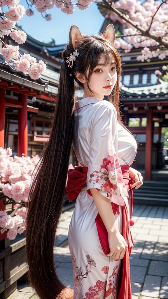 shrine,Cherry tree,cute,Playful,Girl,Double buns with long hair,Squirrel ears,B cup,Furry squirrel tail,Japanese Kimono,big bell jewelry,kick