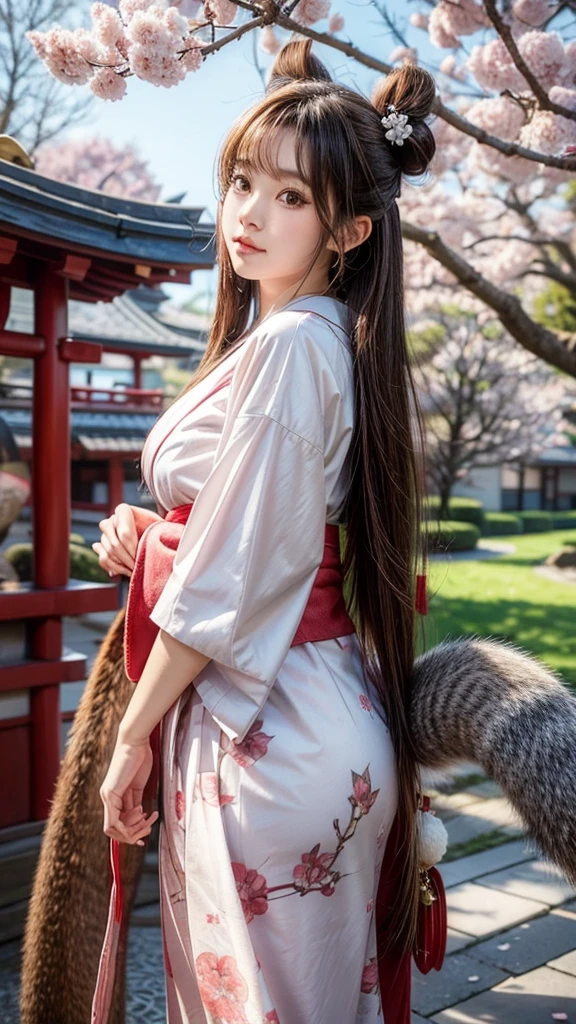 shrine,Cherry tree,cute,Playful,Girl,Double buns with long hair,Squirrel ears,B cup,Furry squirrel tail,Japanese Kimono,big bell jewelry,kick