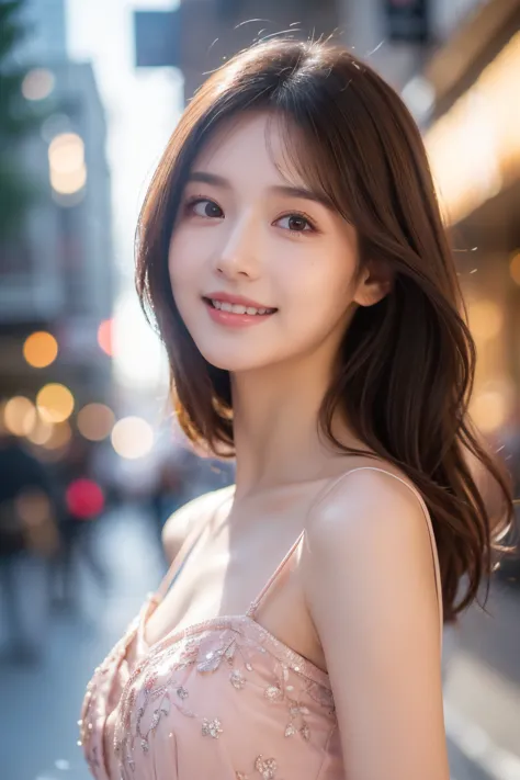 ((best quality, 8k, masterpiece :1.3)), 1 girl, smile, whole body, thin face, pretty woman, (dark brown hair), light pink long d...