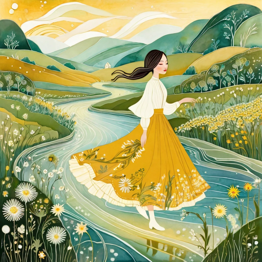 Albena Vacheva style. Stylized characters. Ethereal Woman, Wearing a full skirt with floral and leaf prints, Walking on the river, On the banks of the river，Green cat walking. Background with mustard-colored sunlight, hills, björk, Flowers and blooming dandelions.