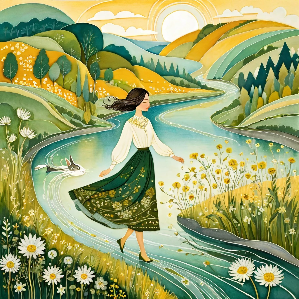 Albena Vacheva style. Stylized characters. Ethereal Woman, Wearing a full skirt with floral and leaf prints, Walking on the river, On the banks of the river，Green cat walking. Background with mustard-colored sunlight, hills, björk, Flowers and blooming dandelions.