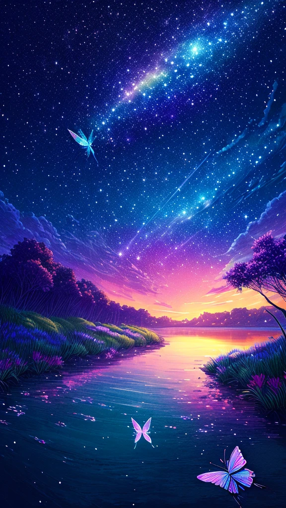 Cute girl characters、Iridescent grass々Drawing a butterfly flying over the water, Looking up at the starry sky. Surround her with colorful nebulae and colorful forests.