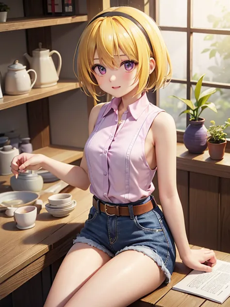 ((pottery)), a woman making pottery, sit on a chair, houjou_satoko), 1 female, alone, (yellow hair), blonde, purple eyes, short ...