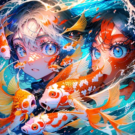 beautiful detailed eyes, coloful, eyes focus, girl, koi-fish