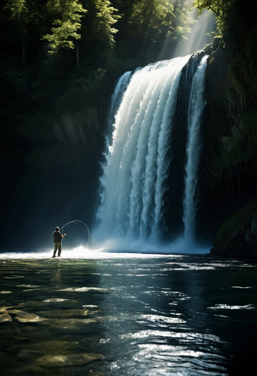 a female fisherman catching a huge salmon while lure fishing in a mountain stream, water splash, flecks of light, peak of excitement, detailed portrait of the woman's face and expression, realistic, photorealistic, 8k, best quality, masterpiece, highly detailed, vivid colors, dramatic lighting, dramatic composition, beautiful detailed eyes, beautiful detailed lips, extremely detailed face and features, long eyelashes, beautiful serene landscape, rocky mountain stream, evergreen forest, sunlight filtering through trees, detailed foliage and rocks