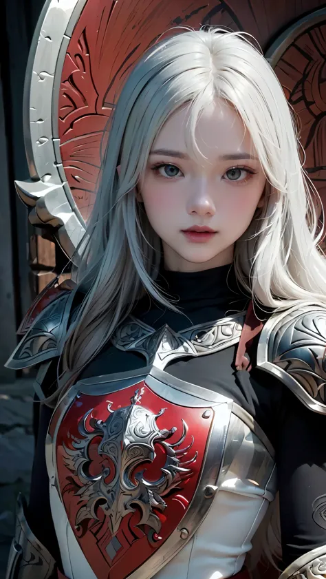 ((best quality)), ((masterpiece)), (details), perfect face, white warrior, ((long white hair, white skin, conjunctivitis)), blac...