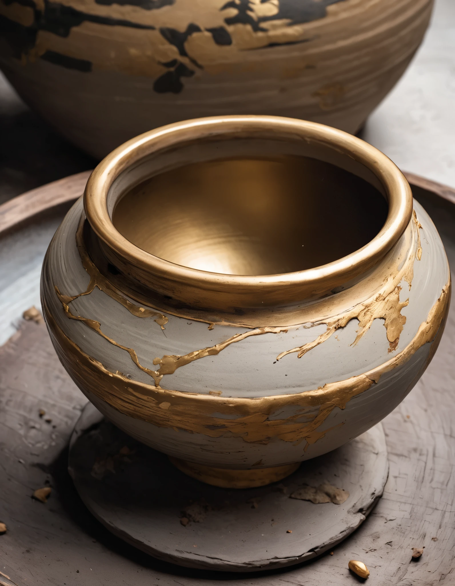 intricate ceramic pottery, wabi-sabi aesthetic, understated elegance, strong sense of depth, kintsugi repairs, supreme craftsmanship, masterpiece by a living national treasure, random shot