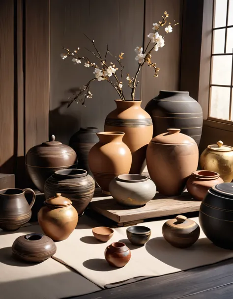 Pottery Photos, Lacquered pottery, A taste of wabi-sabi, A simple aesthetic, Three-dimensional, Gold repair, First-class quality, Works by Living National Treasures, Random Shot