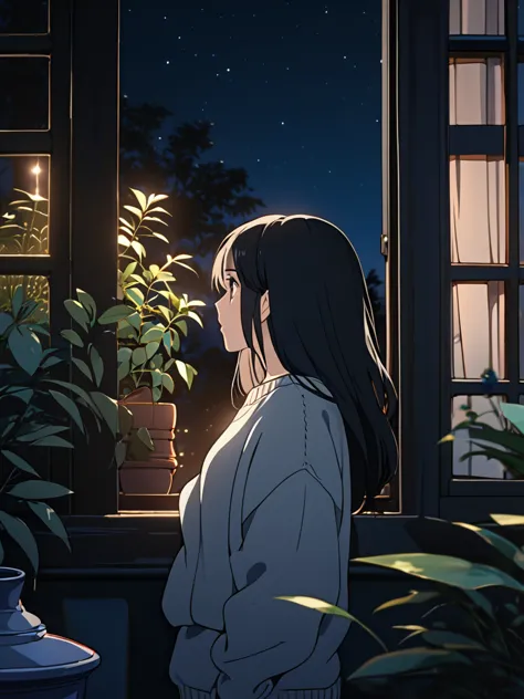 1girl, lean on side window, black straight hair, grey sweater, plant vase on side, curtain open, looking up the night sky, stars...