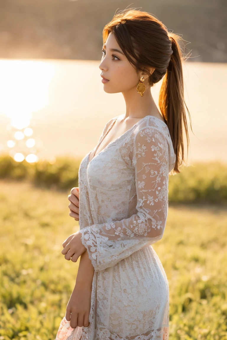 Close-up portrait of a refined woman standing in a rugged cowboy stance, amidst a sun-kissed open range landscape. She wears a knee-length floral dress with long sleeves, adding an air of sophistication. Her silvery hair is styled in a sleek ponytail, framing her striking profile and full lips. A pair of dangling earrings glimmer in the golden light, casting a warm glow on her porcelain skin. The camera captures her confident pose from a slight angle, emphasizing her strong features and contrasting textures.