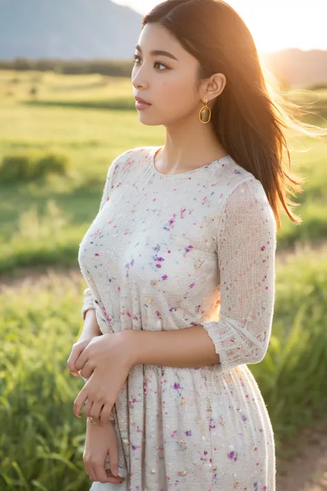 close-up portrait of a refined woman standing in a rugged cowboy stance, amidst a sun-kissed open range landscape. she wears a k...