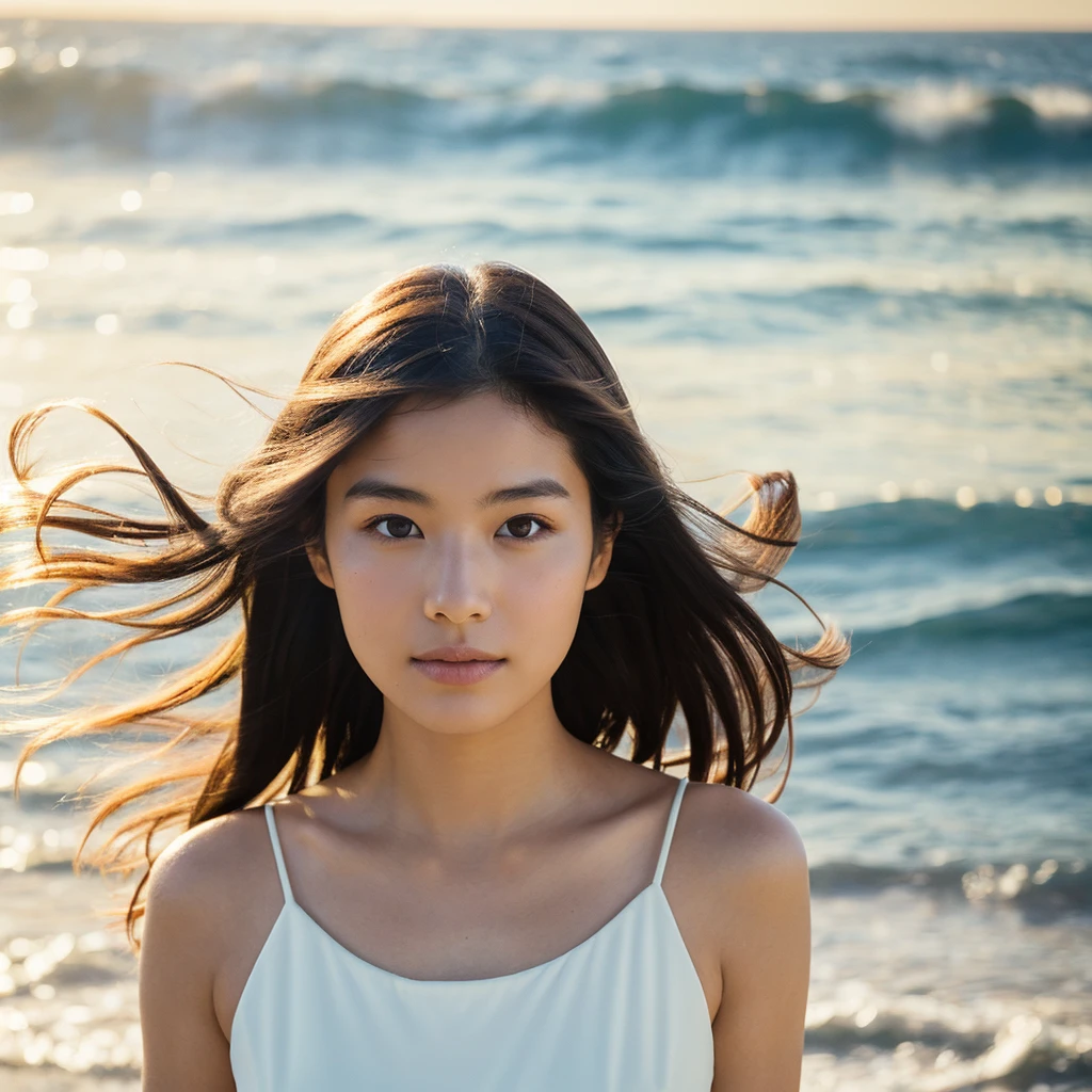 A hyper-realistic image of a single Japanese woman in her early 20s, captured with the nostalgic warmth and subtle graininess of a film camera, with the focus on her upper body from the shoulders up against a serene seaside backdrop. Her skin has a warm beige tone with a natural, slightly rough texture that includes visible pores, fine lines, and subtle imperfections such as small blemishes, adding to the authenticity of her appearance. The soft, diffused natural light reflects off the ocean waves, casting gentle, warm shadows across her face and shoulders, enhancing the film-like quality and creating a timeless, organic feel. Her straight, glossy black hair is slightly tousled by the ocean breeze, naturally framing her face, and her deep brown eyes reflect the soft light of the seaside, adding depth and emotion. The background subtly captures the peaceful ocean scenery with a glimpse of rolling waves and a faint horizon, blurred to maintain focus on her expression. The film camera effect introduces a slight grain and a softer focus, giving the image a warm, nostalgic atmosphere while maintaining the realistic texture of her skin. She is wearing a light, airy top that complements her natural beauty and the beach setting, with the overall composition designed to evoke a sense of genuine, understated elegance and connection with nature.