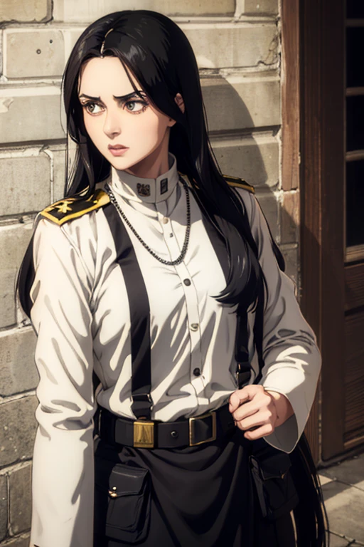 1 woman aged 35, long black hair, greeneyes, neutral expression, necklace on the neck, White military uniform, marley, liberia, Masterpiece artwork, best qualityer, retina, super detaill, 