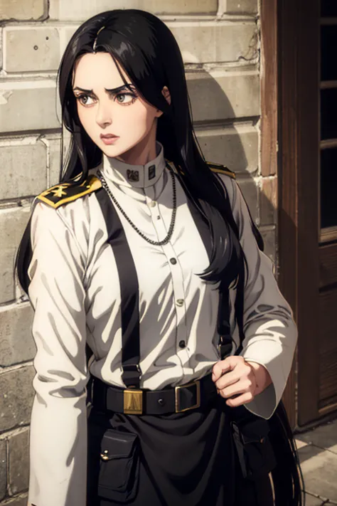 1 woman aged 35, long black hair, greeneyes, neutral expression, necklace on the neck, white military uniform, marley, liberia, ...