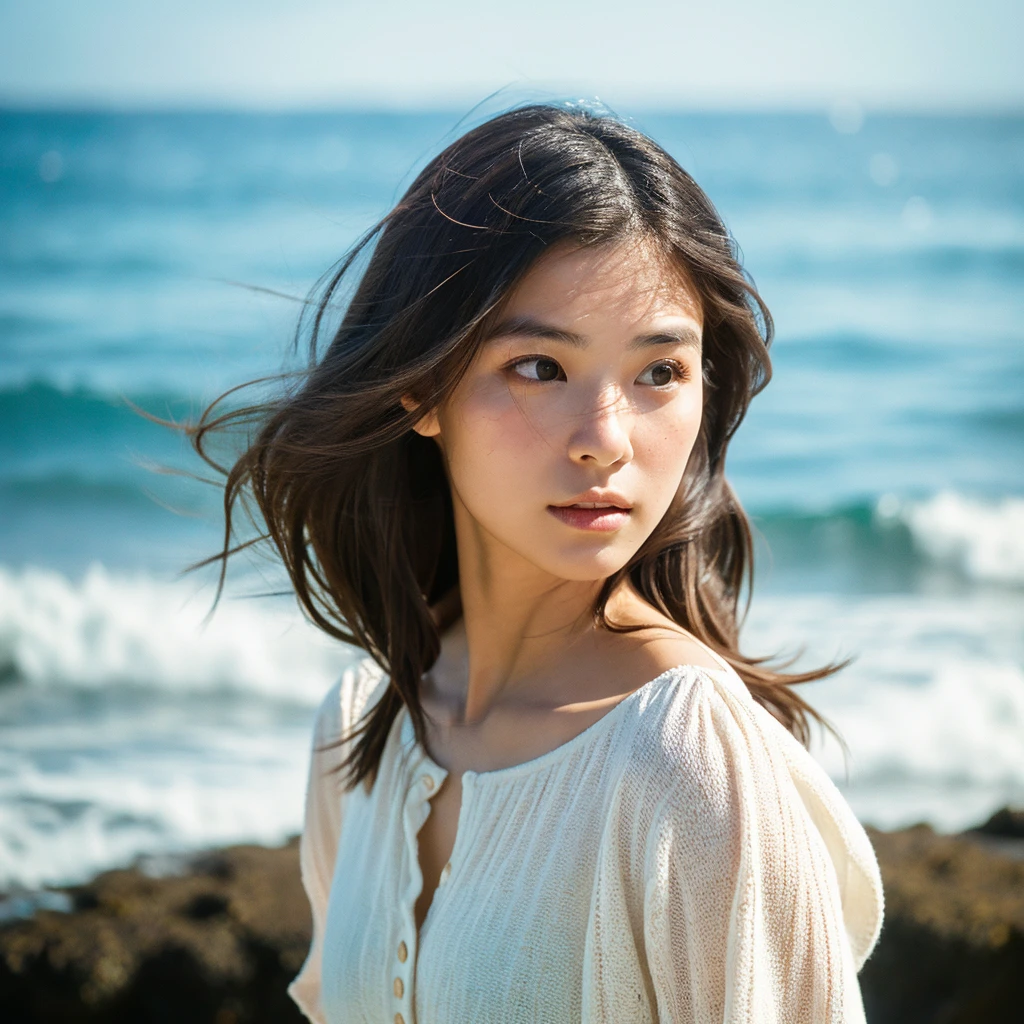 A hyper-realistic image of a single Japanese woman in her early 20s, captured with the nostalgic warmth and subtle graininess of a film camera, with the focus on her upper body from the shoulders up against a serene seaside backdrop. Her skin has a warm beige tone with a natural, slightly rough texture that includes visible pores, fine lines, and subtle imperfections such as small blemishes, adding to the authenticity of her appearance. The soft, diffused natural light reflects off the ocean waves, casting gentle, warm shadows across her face and shoulders, enhancing the film-like quality and creating a timeless, organic feel. Her straight, glossy black hair is slightly tousled by the ocean breeze, naturally framing her face, and her deep brown eyes reflect the soft light of the seaside, adding depth and emotion. The background subtly captures the peaceful ocean scenery with a glimpse of rolling waves and a faint horizon, blurred to maintain focus on her expression. The film camera effect introduces a slight grain and a softer focus, giving the image a warm, nostalgic atmosphere while maintaining the realistic texture of her skin. She is wearing a light, airy top that complements her natural beauty and the beach setting, with the overall composition designed to evoke a sense of genuine, understated elegance and connection with nature.