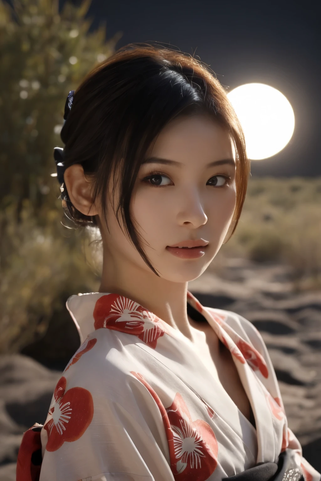 1 girl, (Please wear a cute red yukata.....:1.2), Very beautiful Japanese idol portraits, 
(RAW Photos, Highest quality), (Realistic, Realistic:1.4), (masterpiece), 
Very delicate and beautiful, Very detailed, 2k wallpaper, wonderful, finely, Very detailed CG Unity 8K wallpaper, Very detailed, High resolution, Soft Light, 
Beautiful detailed girl, Very detailed目と顔, Beautiful and sophisticated nose, Beautiful and beautiful eyes, Cinema Lighting, 
(Standing in the desert on a moonlit night:1.3), (Big Moon), (月明かりに浮かぶ少女のwhole bodyのシルエット), (Dark screen:1.5), 
(Medium Hair), (Tie your hair back), (whole body), 
Complete Anatomy, Slender body, Small breasts