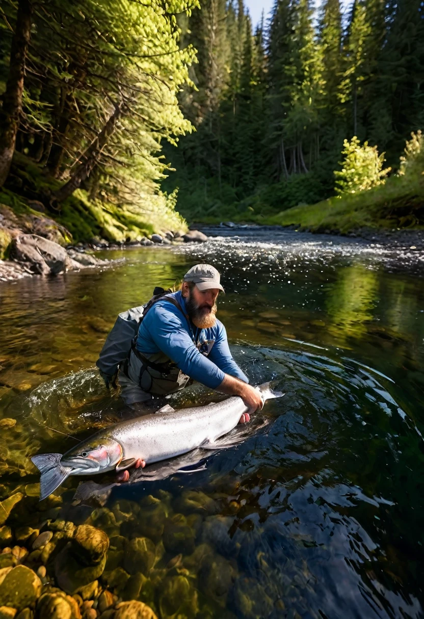 a female fisherman catching a huge salmon while lure fishing in a mountain stream, water splash, flecks of light, peak of excitement, detailed portrait of the woman's face and expression, realistic, photorealistic, 8k, best quality, masterpiece, highly detailed, vivid colors, dramatic lighting, dramatic composition, beautiful detailed eyes, beautiful detailed lips, extremely detailed face and features, long eyelashes, beautiful serene landscape, rocky mountain stream, evergreen forest, sunlight filtering through trees, detailed foliage and rocks