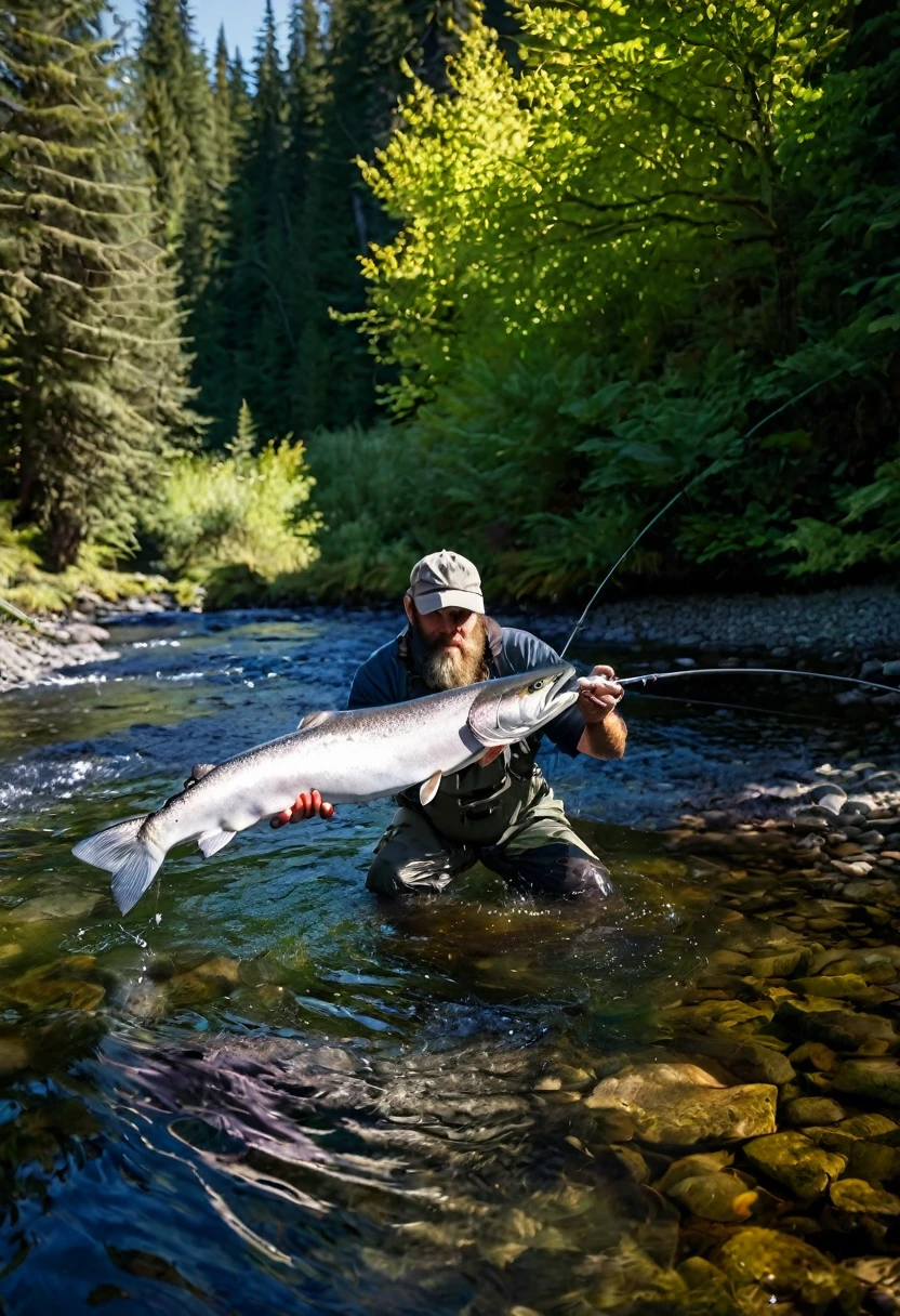 a female fisherman catching a huge salmon while lure fishing in a mountain stream, water splash, flecks of light, peak of excitement, detailed portrait of the woman's face and expression, realistic, photorealistic, 8k, best quality, masterpiece, highly detailed, vivid colors, dramatic lighting, dramatic composition, beautiful detailed eyes, beautiful detailed lips, extremely detailed face and features, long eyelashes, beautiful serene landscape, rocky mountain stream, evergreen forest, sunlight filtering through trees, detailed foliage and rocks