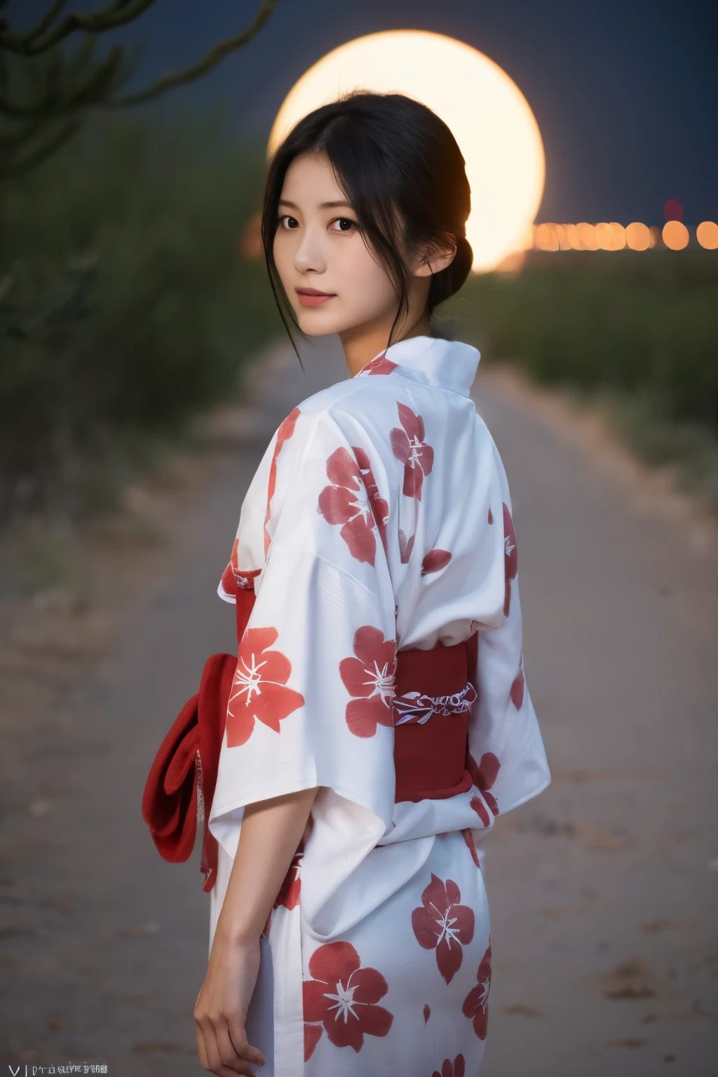 1 girl, (Please wear a cute red yukata.....:1.2), Very beautiful Japanese idol portraits, 
(RAW Photos, Highest quality), (Realistic, Realistic:1.4), (masterpiece), 
Very delicate and beautiful, Very detailed, 2k wallpaper, wonderful, finely, Very detailed CG Unity 8K wallpaper, Very detailed, High resolution, Soft Light, 
Beautiful detailed girl, Very detailed目と顔, Beautiful and sophisticated nose, Beautiful and beautiful eyes, Cinema Lighting, 
(Standing in the desert on a moonlit night:1.3), (Big Moon), (月明かりに浮かぶ少女のwhole bodyのシルエット), (Dark screen:1.5), 
(Medium Hair), (Tie your hair back), (whole body), 
Complete Anatomy, Slender body, Small breasts