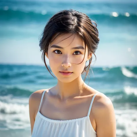 a hyper-realistic image of a single japanese woman in her early 20s, captured with the nostalgic warmth and subtle graininess of...