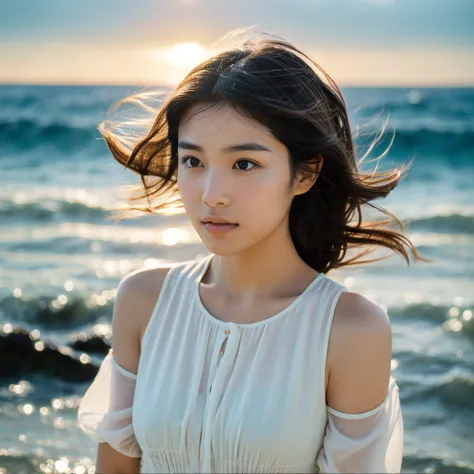 a hyper-realistic image of a single japanese woman in her early 20s, captured with the nostalgic warmth and subtle graininess of...