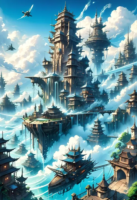 aerial city of the future,remains,sea of clouds,airship,the world of soratorobo,water is gushing out,artillery battery,fusion wi...