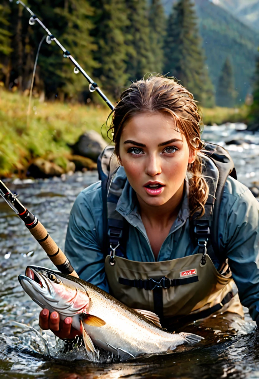 a female fisherman catching a huge salmon while lure fishing in a mountain stream, water splash, flecks of light, peak of excitement, detailed portrait of the woman's face and expression, realistic, photorealistic, 8k, best quality, masterpiece, highly detailed, vivid colors, dramatic lighting, dramatic composition, beautiful detailed eyes, beautiful detailed lips, extremely detailed face and features, long eyelashes, beautiful serene landscape, rocky mountain stream, evergreen forest, sunlight filtering through trees, detailed foliage and rocks