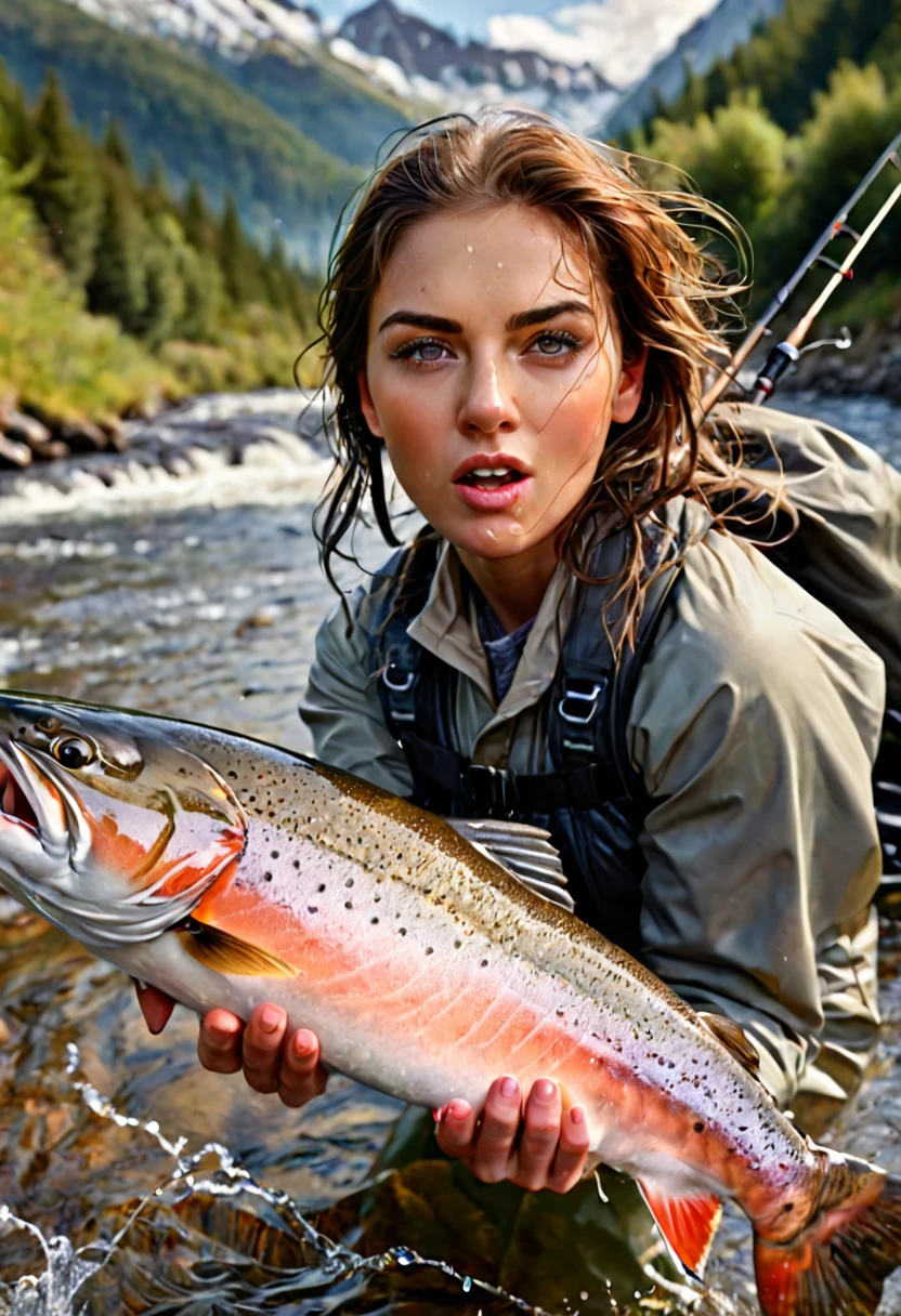 a female fisherman catching a huge salmon while lure fishing in a mountain stream, water splash, flecks of light, peak of excitement, detailed portrait of the woman's face and expression, realistic, photorealistic, 8k, best quality, masterpiece, highly detailed, vivid colors, dramatic lighting, dramatic composition, beautiful detailed eyes, beautiful detailed lips, extremely detailed face and features, long eyelashes, beautiful serene landscape, rocky mountain stream, evergreen forest, sunlight filtering through trees, detailed foliage and rocks