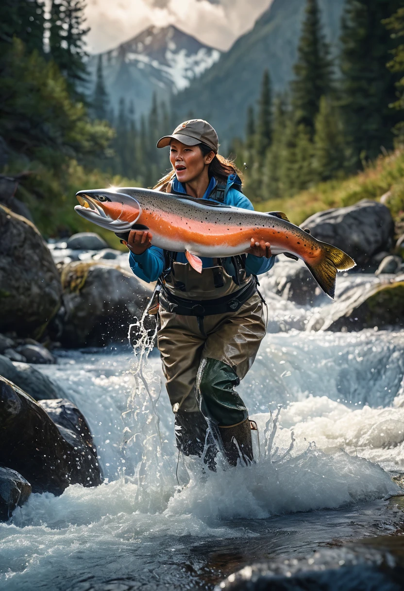 a female fisherman catching a huge salmon while lure fishing in a mountain stream, water splash, flecks of light, peak of excitement, detailed portrait of the woman's face and expression, realistic, photorealistic, 8k, best quality, masterpiece, highly detailed, vivid colors, dramatic lighting, dramatic composition, beautiful detailed eyes, beautiful detailed lips, extremely detailed face and features, long eyelashes, beautiful serene landscape, rocky mountain stream, evergreen forest, sunlight filtering through trees, detailed foliage and rocks