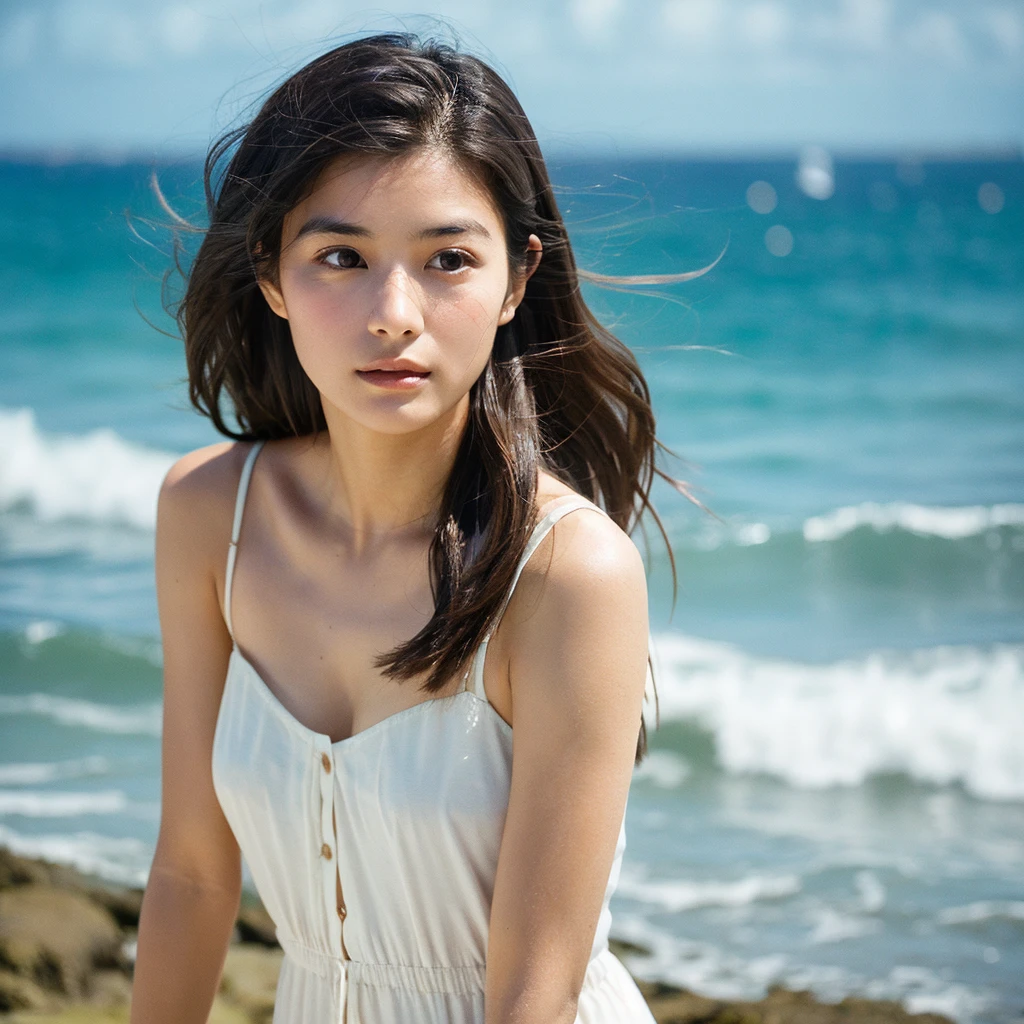 A hyper-realistic image of a single Japanese woman in her early 20s, captured with the nostalgic warmth and subtle graininess of a film camera, with the focus on her upper body from the shoulders up against a serene seaside backdrop. Her skin has a warm beige tone with a natural, slightly rough texture that includes visible pores, fine lines, and subtle imperfections such as small blemishes, adding to the authenticity of her appearance. The soft, diffused natural light reflects off the ocean waves, casting gentle, warm shadows across her face and shoulders, enhancing the film-like quality and creating a timeless, organic feel. Her straight, glossy black hair is slightly tousled by the ocean breeze, naturally framing her face, and her deep brown eyes reflect the soft light of the seaside, adding depth and emotion. The background subtly captures the peaceful ocean scenery with a glimpse of rolling waves and a faint horizon, blurred to maintain focus on her expression. The film camera effect introduces a slight grain and a softer focus, giving the image a warm, nostalgic atmosphere while maintaining the realistic texture of her skin. She is wearing a light, airy top that complements her natural beauty and the beach setting, with the overall composition designed to evoke a sense of genuine, understated elegance and connection with nature.