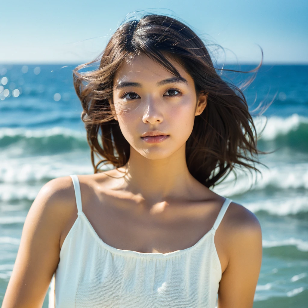 A hyper-realistic image of a single Japanese woman in her early 20s, captured with the nostalgic warmth and subtle graininess of a film camera, with the focus on her upper body from the shoulders up against a serene seaside backdrop. Her skin has a warm beige tone with a natural, slightly rough texture that includes visible pores, fine lines, and subtle imperfections such as small blemishes, adding to the authenticity of her appearance. The soft, diffused natural light reflects off the ocean waves, casting gentle, warm shadows across her face and shoulders, enhancing the film-like quality and creating a timeless, organic feel. Her straight, glossy black hair is slightly tousled by the ocean breeze, naturally framing her face, and her deep brown eyes reflect the soft light of the seaside, adding depth and emotion. The background subtly captures the peaceful ocean scenery with a glimpse of rolling waves and a faint horizon, blurred to maintain focus on her expression. The film camera effect introduces a slight grain and a softer focus, giving the image a warm, nostalgic atmosphere while maintaining the realistic texture of her skin. She is wearing a light, airy top that complements her natural beauty and the beach setting, with the overall composition designed to evoke a sense of genuine, understated elegance and connection with nature.