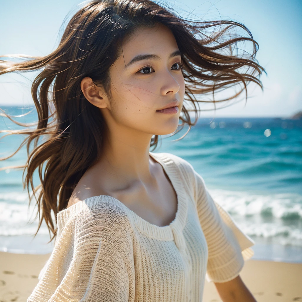 A hyper-realistic image of a single Japanese woman in her early 20s, captured with the nostalgic warmth and subtle graininess of a film camera, with the focus on her upper body from the shoulders up against a serene seaside backdrop. Her skin has a warm beige tone with a natural, slightly rough texture that includes visible pores, fine lines, and subtle imperfections such as small blemishes, adding to the authenticity of her appearance. The soft, diffused natural light reflects off the ocean waves, casting gentle, warm shadows across her face and shoulders, enhancing the film-like quality and creating a timeless, organic feel. Her straight, glossy black hair is slightly tousled by the ocean breeze, naturally framing her face, and her deep brown eyes reflect the soft light of the seaside, adding depth and emotion. The background subtly captures the peaceful ocean scenery with a glimpse of rolling waves and a faint horizon, blurred to maintain focus on her expression. The film camera effect introduces a slight grain and a softer focus, giving the image a warm, nostalgic atmosphere while maintaining the realistic texture of her skin. She is wearing a light, airy top that complements her natural beauty and the beach setting, with the overall composition designed to evoke a sense of genuine, understated elegance and connection with nature.