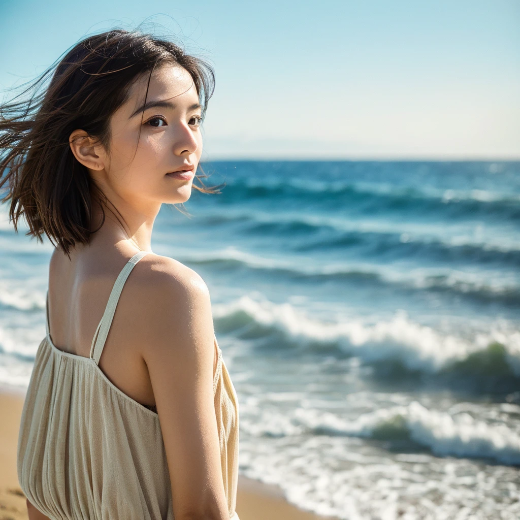 A hyper-realistic image of a single Japanese woman in her early 20s, captured with the nostalgic warmth and subtle graininess of a film camera, with the focus on her upper body from the shoulders up against a serene seaside backdrop. Her skin has a warm beige tone with a natural, slightly rough texture that includes visible pores, fine lines, and subtle imperfections such as small blemishes, adding to the authenticity of her appearance. The soft, diffused natural light reflects off the ocean waves, casting gentle, warm shadows across her face and shoulders, enhancing the film-like quality and creating a timeless, organic feel. Her straight, glossy black hair is slightly tousled by the ocean breeze, naturally framing her face, and her deep brown eyes reflect the soft light of the seaside, adding depth and emotion. The background subtly captures the peaceful ocean scenery with a glimpse of rolling waves and a faint horizon, blurred to maintain focus on her expression. The film camera effect introduces a slight grain and a softer focus, giving the image a warm, nostalgic atmosphere while maintaining the realistic texture of her skin. She is wearing a light, airy top that complements her natural beauty and the beach setting, with the overall composition designed to evoke a sense of genuine, understated elegance and connection with nature.