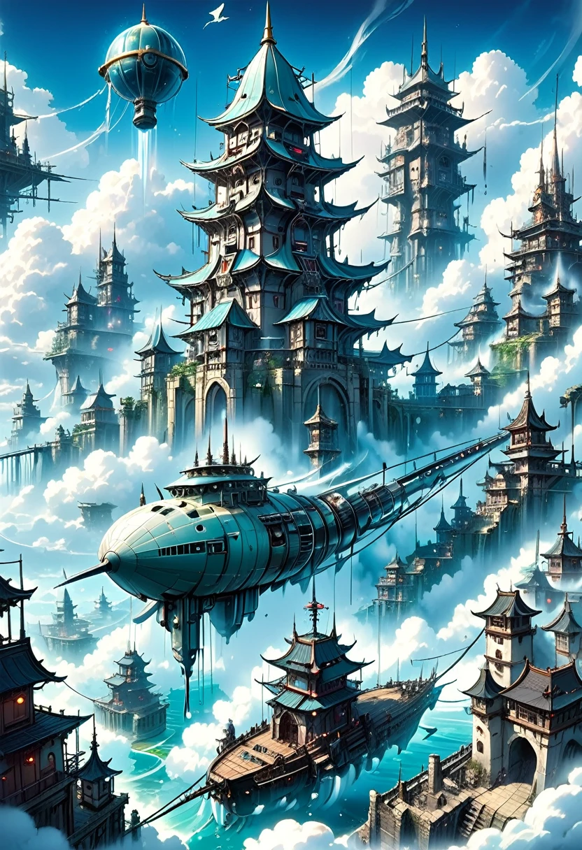 Aerial city of the future,Remains,sea of clouds,airship,The World of Soratorobo,water is gushing out,Artillery battery,Fusion with fantasy,Castle in the Sky,magic,suspicious,See through,