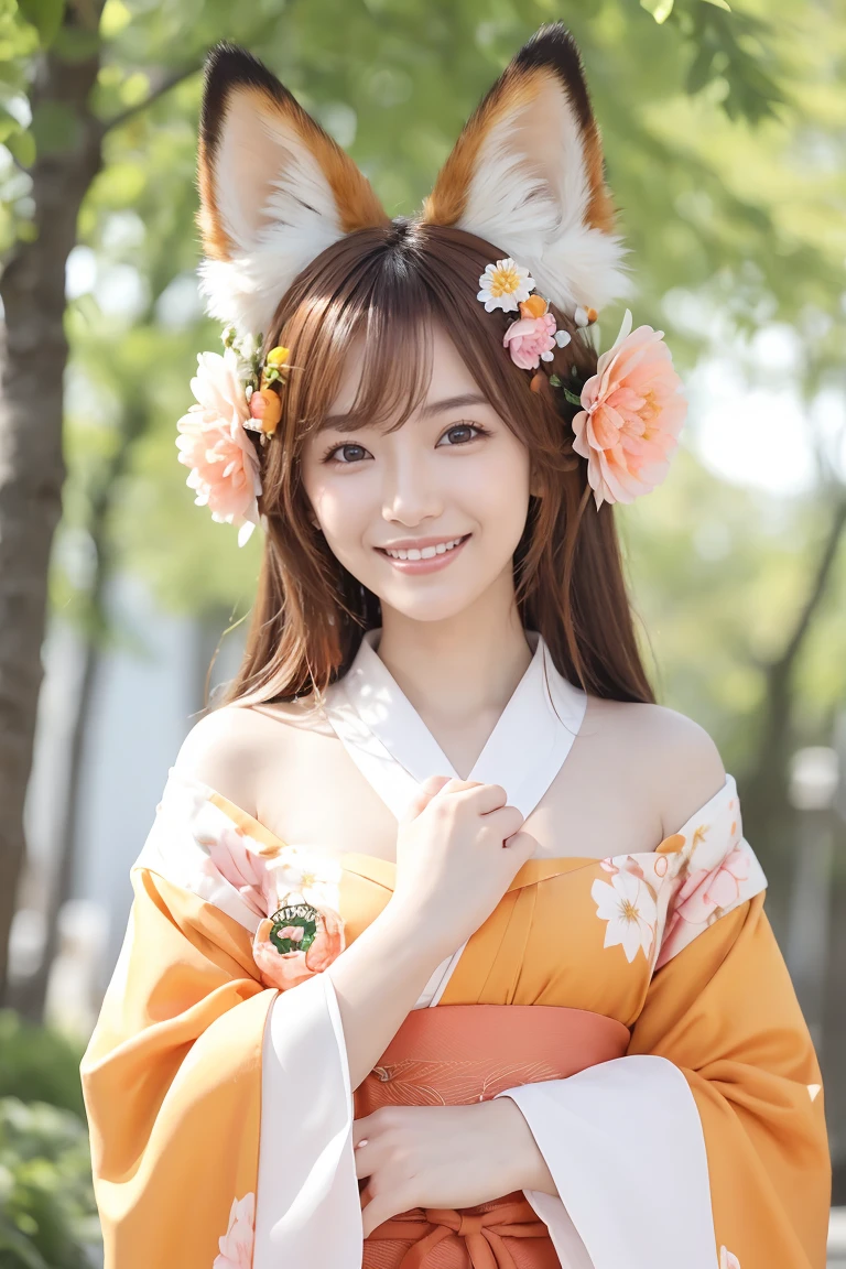 masterpiece, best quality, highly detailed, 1girl, solo, (:3:0.9), animal ear fluff, animal ears, orange hair, fluffy hair, blush, brown eyes, flower, fox ears, fox girl, gradient, gradient background, hair flower, hair ornament, japanese clothes, kimono, looking at viewer, miko, smile, solo, white kimono, beautiful lighting