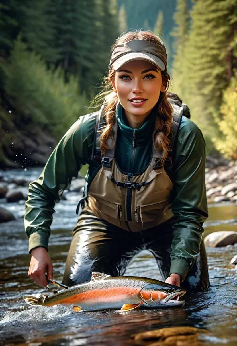 a female fisherman catching a huge salmon while lure fishing in a mountain stream, water splash, flecks of light, peak of excitement, detailed portrait of the woman's face and expression, realistic, photorealistic, 8k, best quality, masterpiece, highly detailed, vivid colors, dramatic lighting, dramatic composition, beautiful detailed eyes, beautiful detailed lips, extremely detailed face and features, long eyelashes, beautiful serene landscape, rocky mountain stream, evergreen forest, sunlight filtering through trees, detailed foliage and rocks