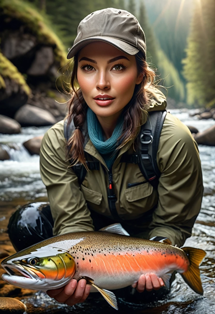 a female fisherman catching a huge salmon while lure fishing in a mountain stream, water splash, flecks of light, peak of excitement, detailed portrait of the woman's face and expression, realistic, photorealistic, 8k, best quality, masterpiece, highly detailed, vivid colors, dramatic lighting, dramatic composition, beautiful detailed eyes, beautiful detailed lips, extremely detailed face and features, long eyelashes, beautiful serene landscape, rocky mountain stream, evergreen forest, sunlight filtering through trees, detailed foliage and rocks