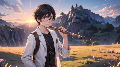 in the pixelated world of minecraft, a handsome young man with short black hair and glasses stands in the middle of a vast grass...