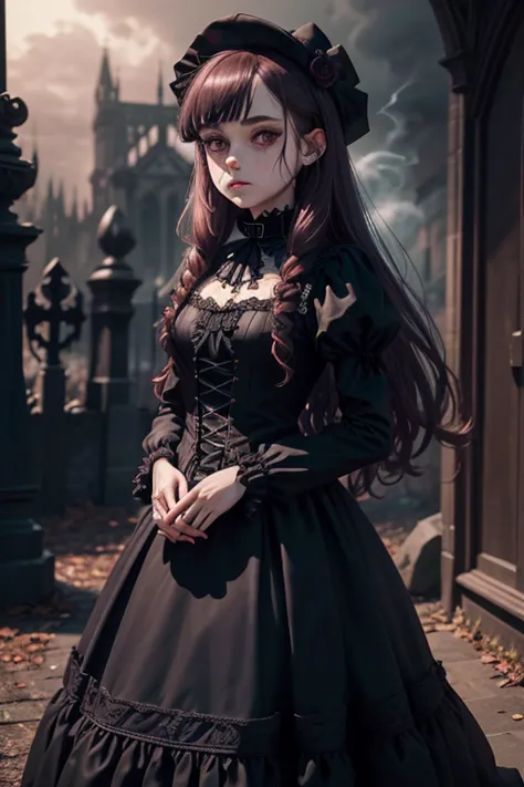 （best quality，masterpiece：1.2，detailed details），gothic aesthetic dark tones，cross，rose，strange doll girl,big eyes，small freckles...