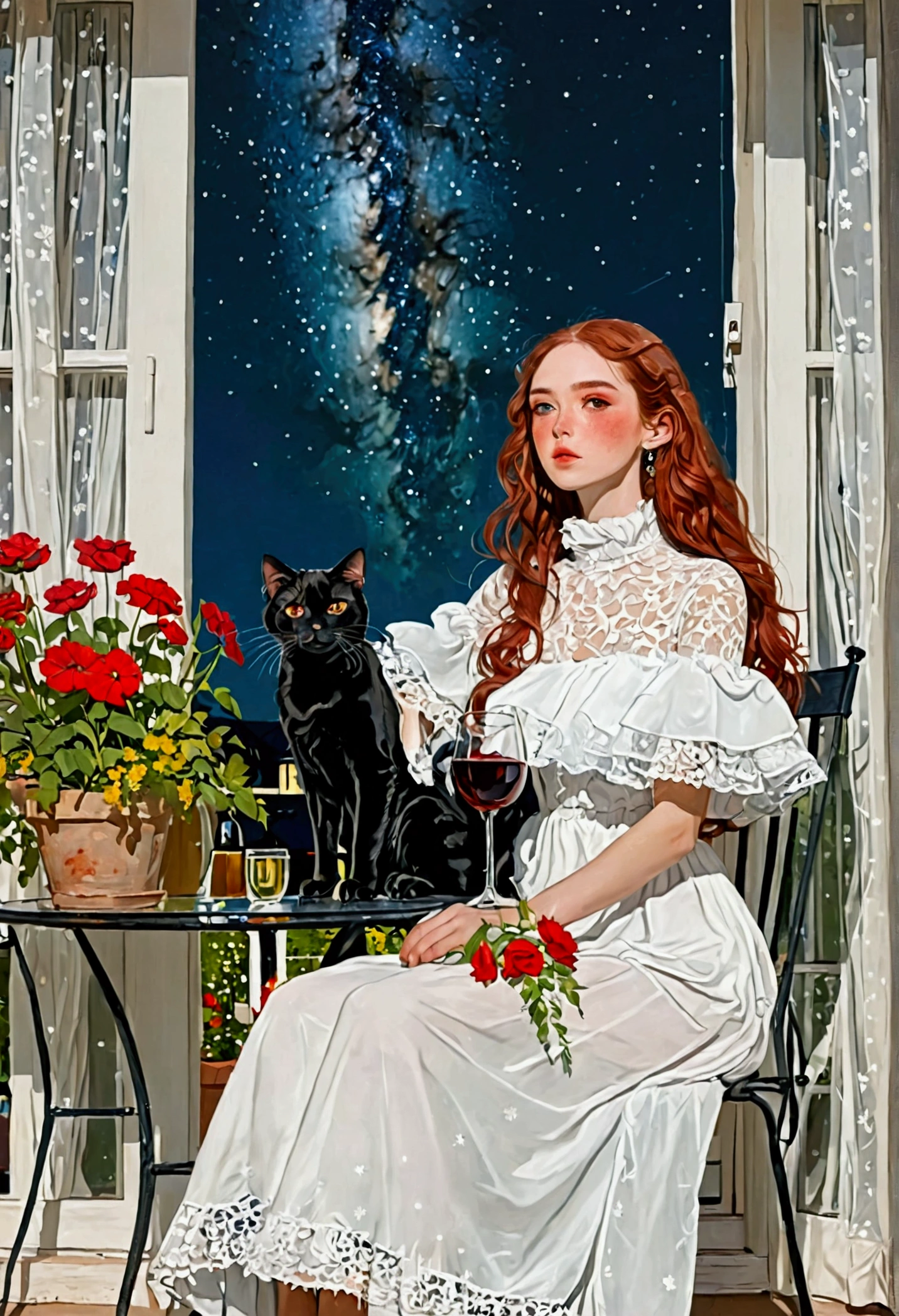 beautiful woman, (((full body))), ((background outdoor house)), (best quality), 1girl, solo A room with glass windows, curtains, a young woman with long black hair, red hair , White eyes with red pupils stare at sky, sitting on a chair, She is sitting and drink wild in front of the house., There are flowers, flower pots, a table, a wine glass, a wine bottle, a lamp, a black cat, Outside the window, there is a dark sky and stars.