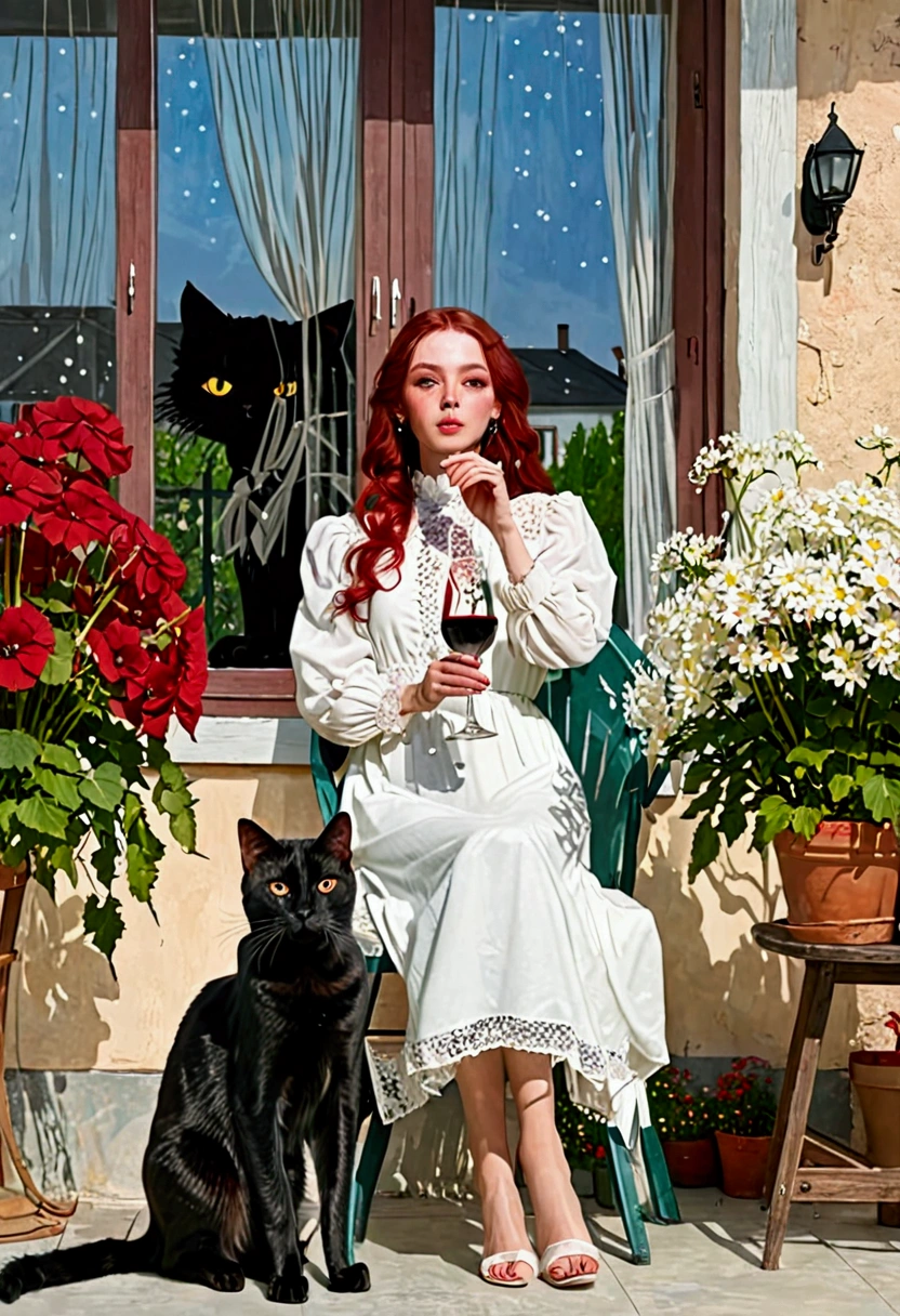 beautiful woman, (((full body))), ((background outdoor house)), (best quality), 1girl, solo A room with glass windows, curtains, a young woman with long black hair, red hair , White eyes with red pupils stare at sky, sitting on a chair, She is sitting and drink wild in front of the house., There are flowers, flower pots, a table, a wine glass, a wine bottle, a lamp, a black cat, Outside the window, there is a dark sky and stars.