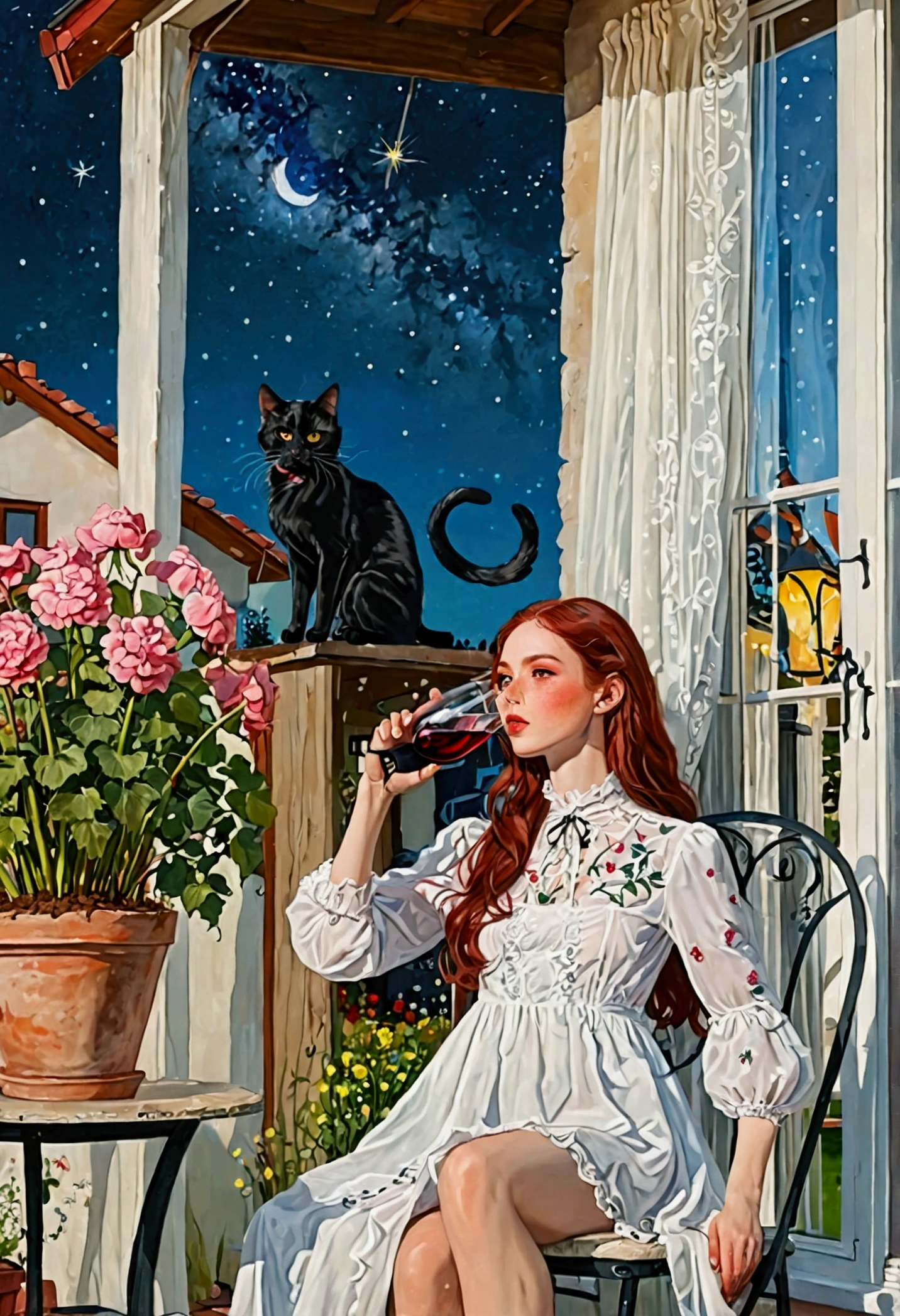 beautiful woman, (((full body))), ((background outdoor house)), (best quality), 1girl, solo A room with glass windows, curtains, a young woman with long black hair, red hair , White eyes with red pupils stare at sky, sitting on a chair, She is sitting and drink wild in front of the house., There are flowers, flower pots, a table, a wine glass, a wine bottle, a lamp, a black cat, Outside the window, there is a dark sky and stars.