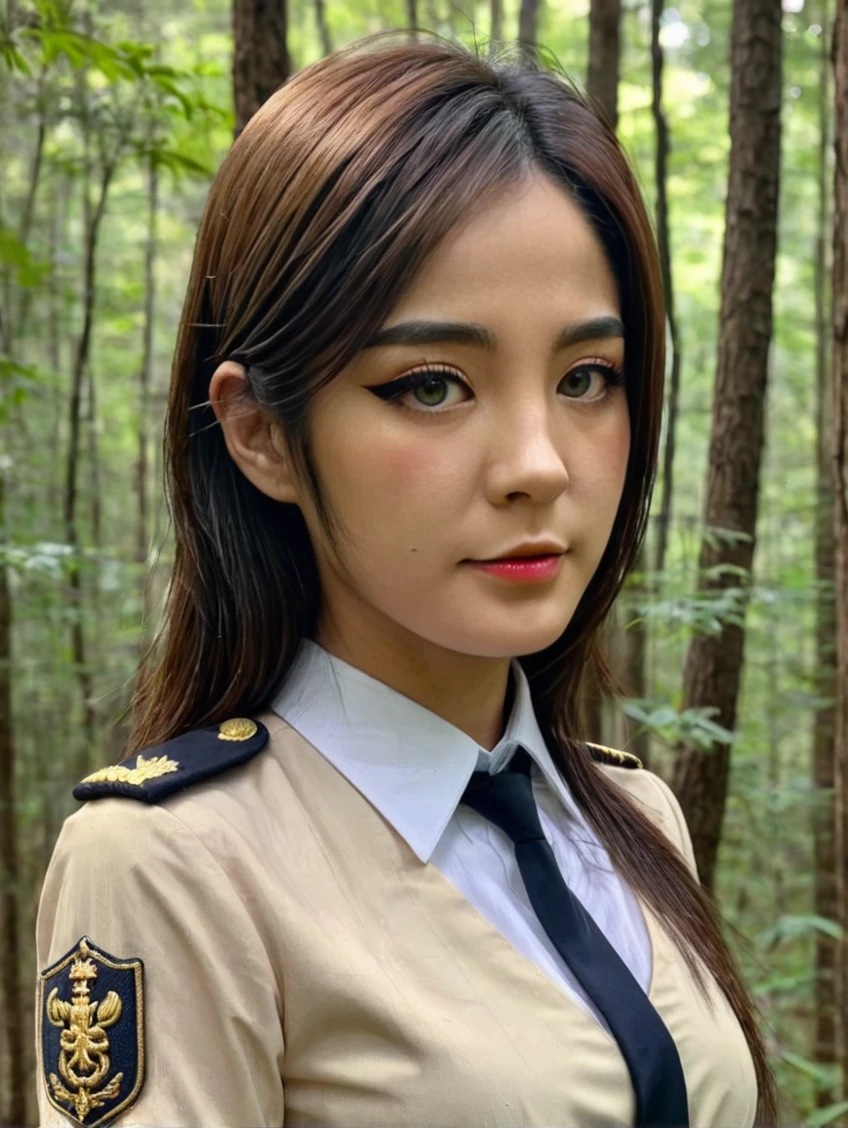 a beautiful full body photo of st4ryuuki Detailed skin texture,masterpiece, photorealistic, women, 4k, light, Raw color photo,(completely in frame:1.1), (Goosebumps:0.5),king, detailed face,wearing a uniform,evening,forest,subtle smile,high contrast