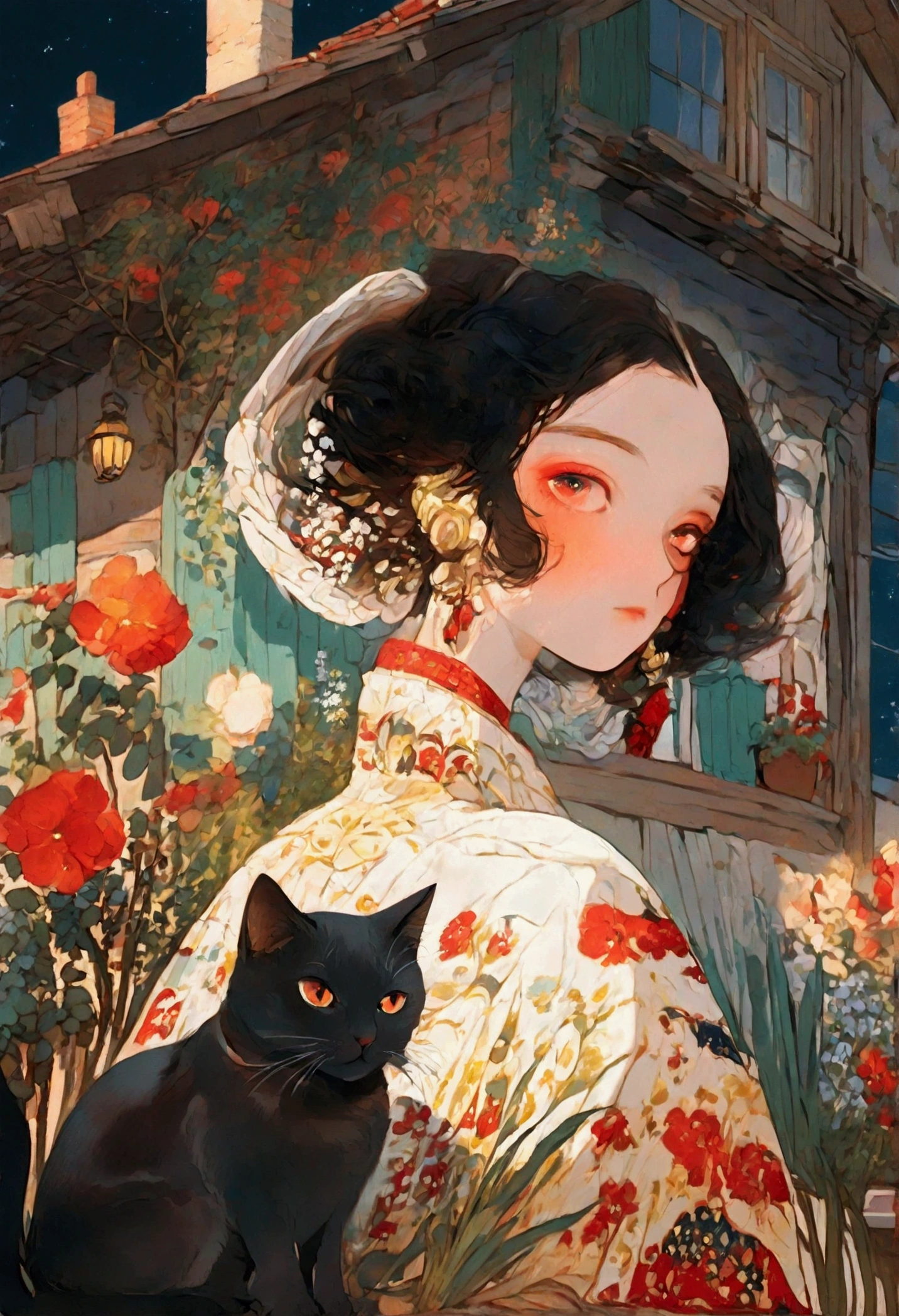 beautiful woman, (((full body))), ((background outdoor house)), (best quality), 1girl, solo A room with glass windows, curtains, a young woman with long black hair, red hair , White eyes with red pupils stare at sky, sitting on a chair, She is sitting and drink wild in front of the house., There are flowers, flower pots, a table, a wine glass, a wine bottle, a lamp, a black cat, Outside the window, there is a dark sky and stars.