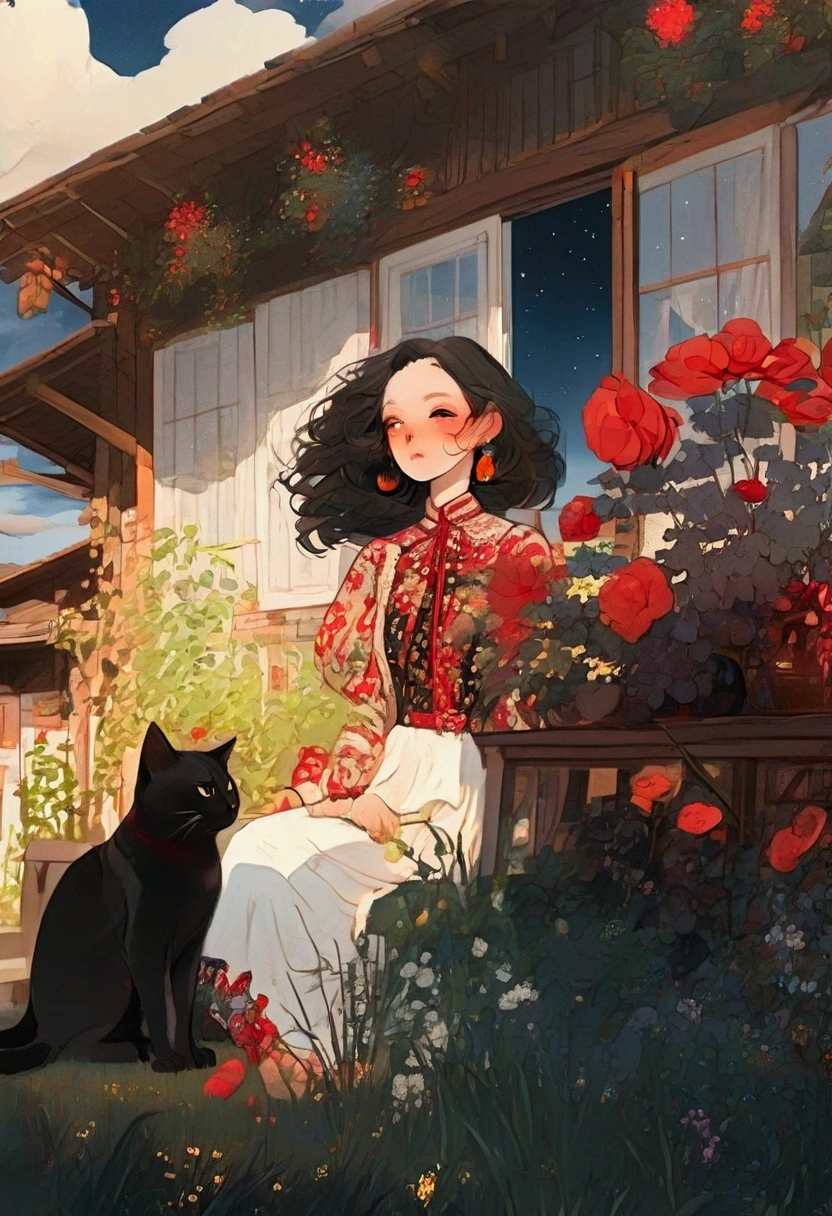 beautiful woman, (((full body))), ((background outdoor house)), (best quality), 1girl, solo A room with glass windows, curtains, a young woman with long black hair, red hair , White eyes with red pupils stare at sky, sitting on a chair, She is sitting and drink wild in front of the house., There are flowers, flower pots, a table, a wine glass, a wine bottle, a lamp, a black cat, Outside the window, there is a dark sky and stars.