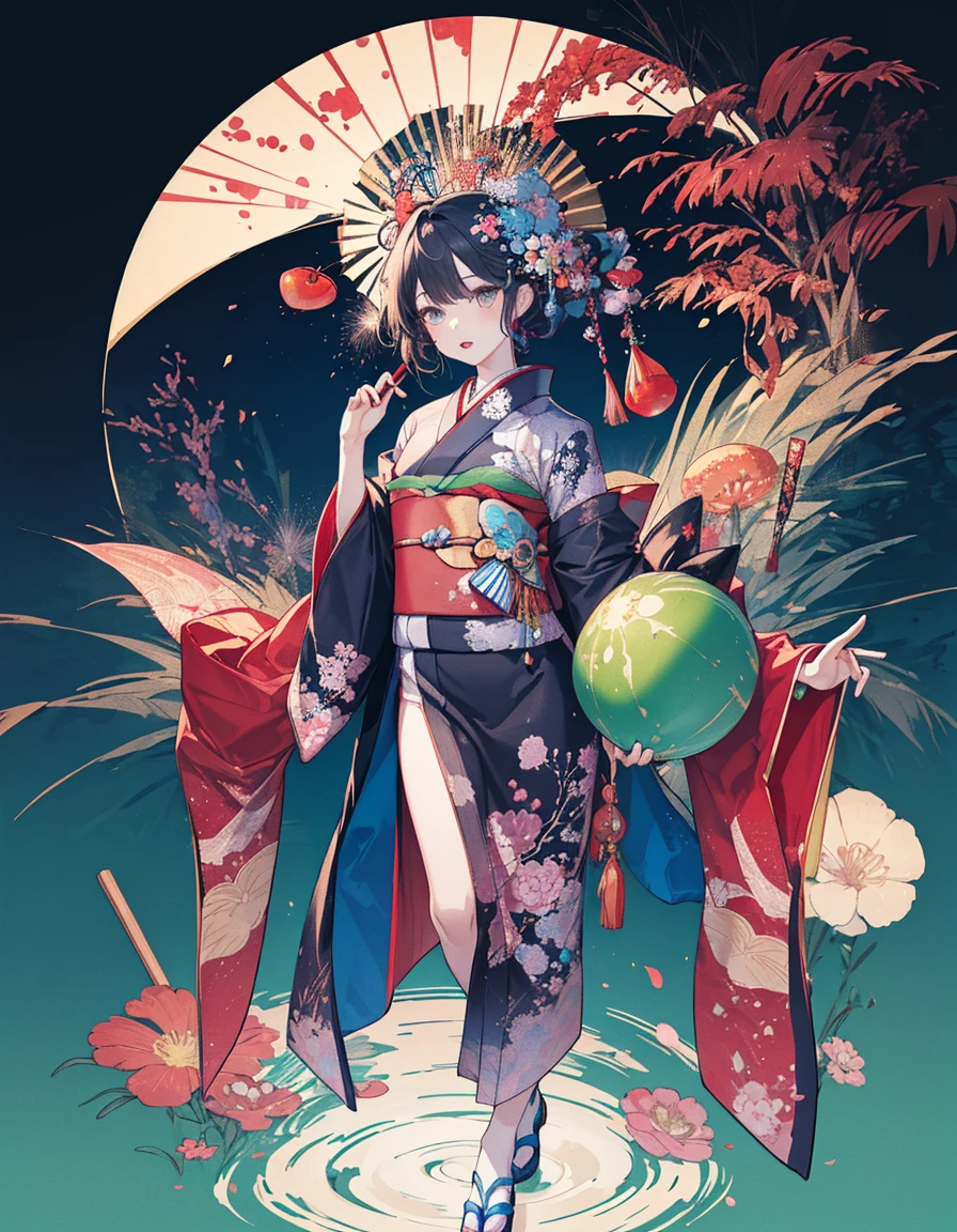 A woman wearing a kimono,Ultra-precision,4K,official,color々Hair style,Chery hair color,color々Expression,color々A pose,color々Angle,dynamic,Draw the whole body,Wearing zori shoes,Mucha-style decorative frame,Fireworks Background,Candy apples